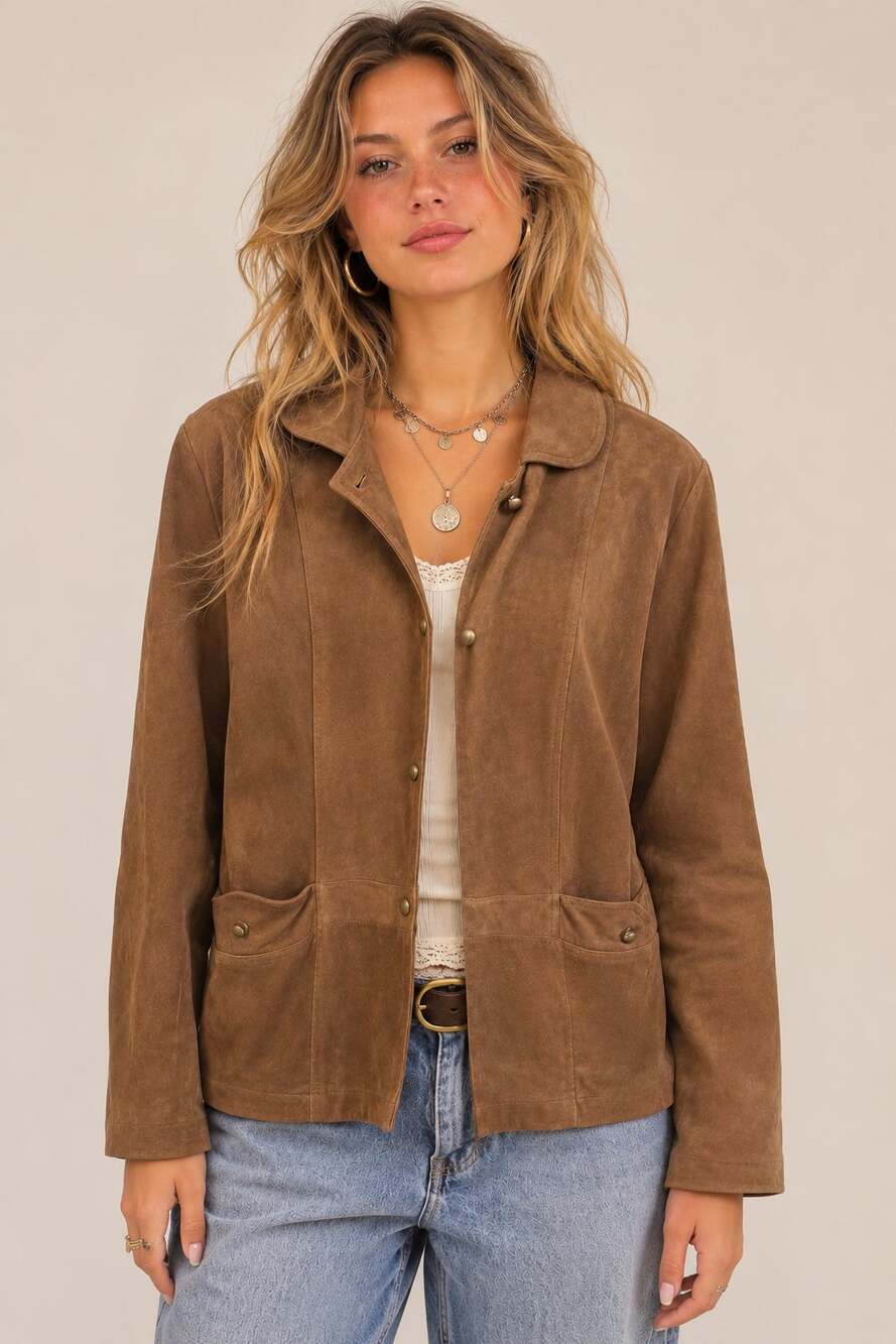Vintage 90s Y2K Brown Suede Button Down Jacket Relaxed Bomber Boho Leather Coat